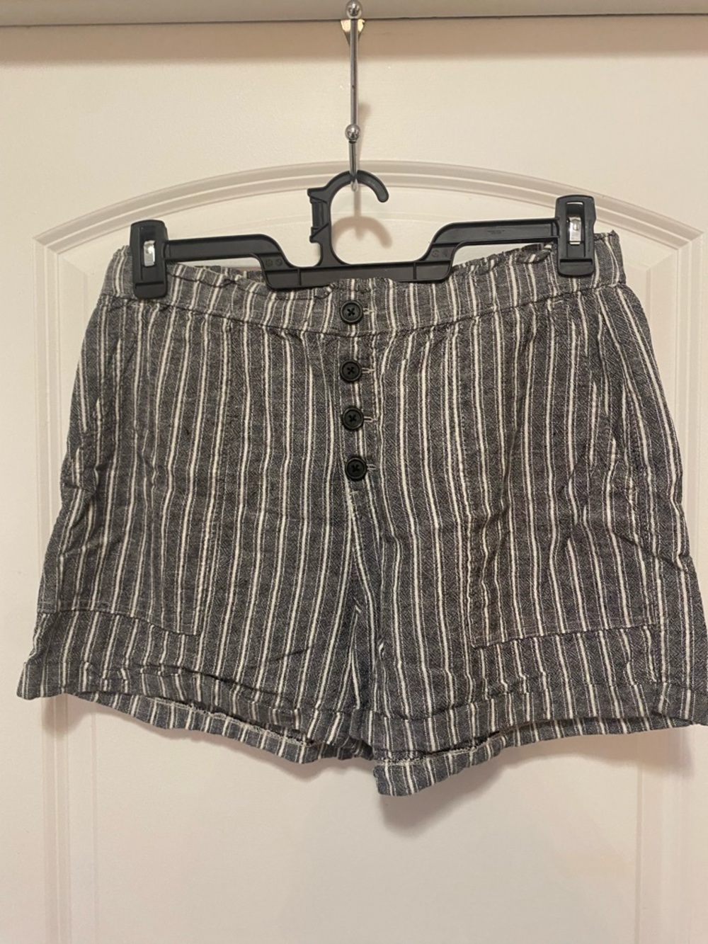 No Boundaries Gray and White Striped High-Waist Button Shorts